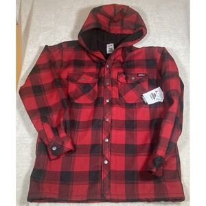 New Dickies Jacket Mens Medium Red Plaid Hood Relaxed Snap Bonded Overshirt NWT